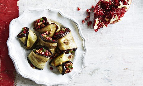 Aubergine rolls filled with walnuts & pomegranate (Badargani)