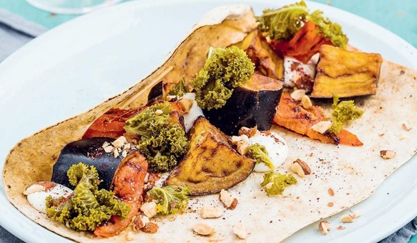 Aubergine sabich with pickled kale, charred tomatoes and crispy aubergine