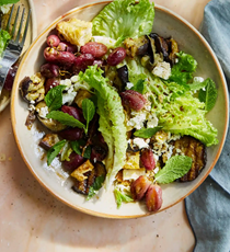 Aubergine salad with roast grapes and feta