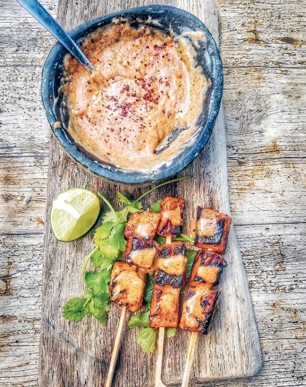 Aubergine satay with spicy almond dipping sauce
