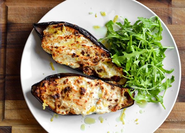 Aubergine stuffed with Quorn ragu, topped with Parmesan, ricotta and lemon zest