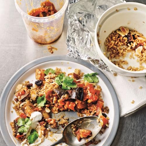 Aubergine tagine with bulgur wheat pilaf