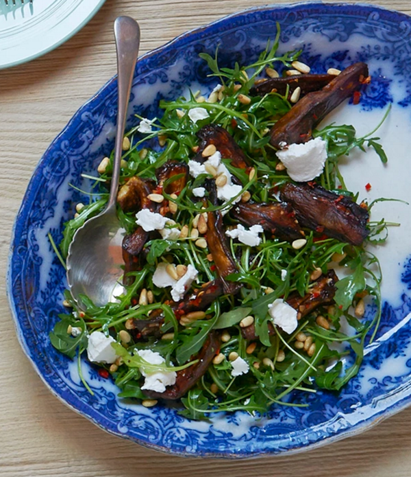 Aubergine wedge salad with pine nuts and ricotta