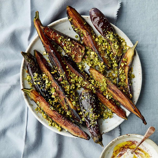 Aubergine wedges with lime and pistachio crust