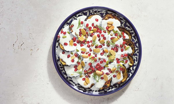 Aubergine, yogurt and nut salad