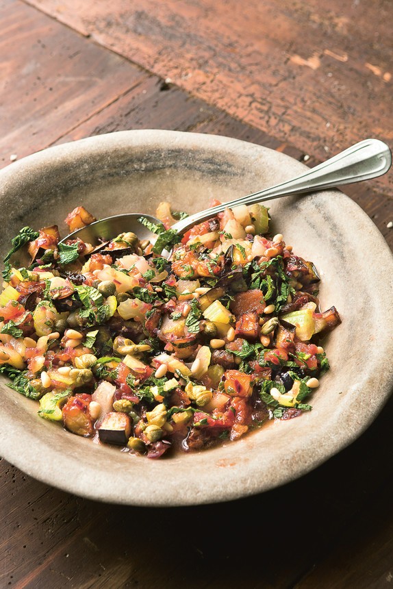 Aubergines, mint, raisins