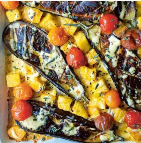 Aubergines, tomatoes, polenta + spiced cream