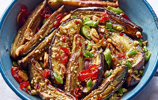 Aubergines with ginger, spring onions and red chilli