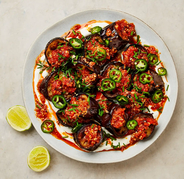 Aubergines with lime yoghurt and spicy chilli oil