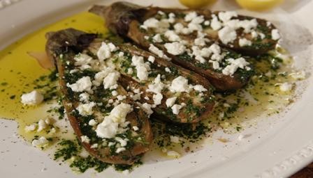 Aubergines with olive oil, garlic, parsley & feta cheese