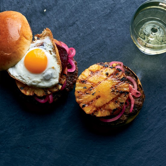 Aussie burgers with pickled beets, pineapple and fried eggs
