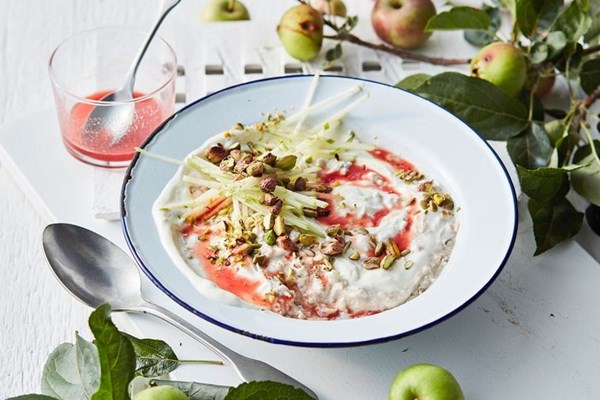 Autumn Bircher with orange & rhubarb syrup