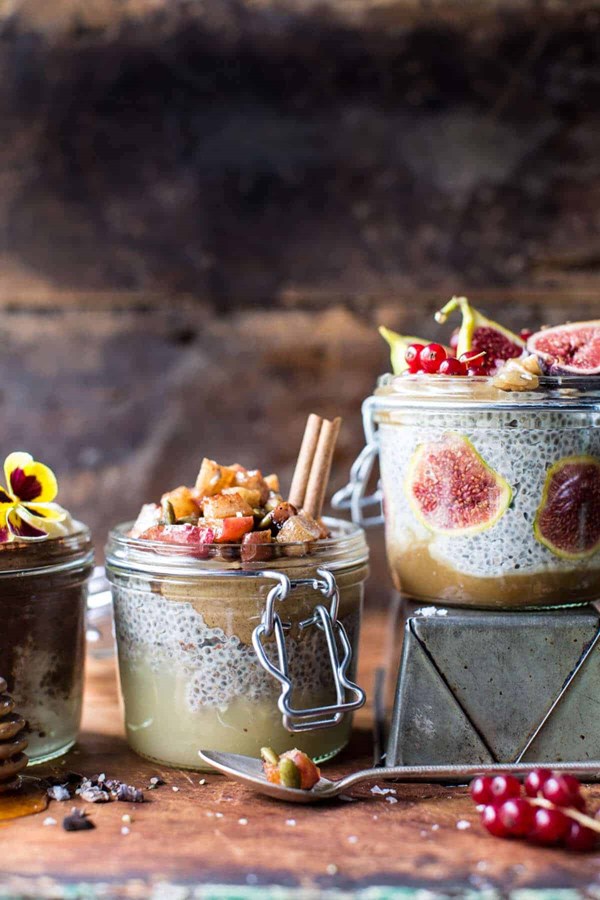 Autumn chia pudding 3 ways: cinnamon apple / fig and whipped maple butter / chocolate banana