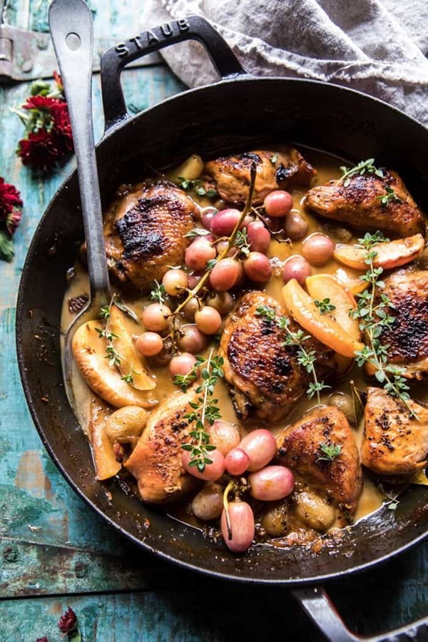 Autumn chicken escabeche with roasted apples and grapes
