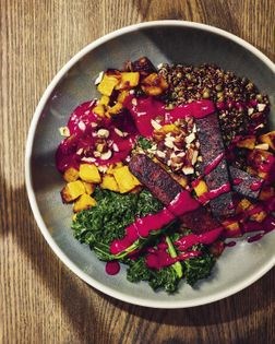 Autumn everything bowl with beet yogurt sauce