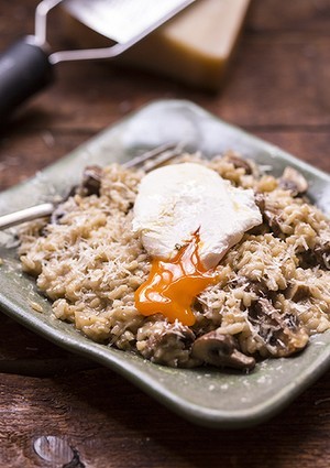 Autumn mushroom risotto with poached egg