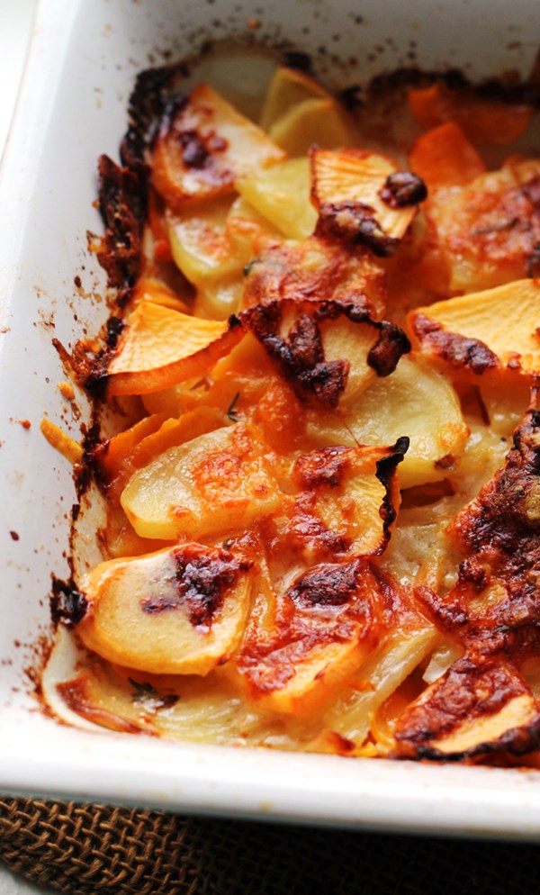 Autumn root vegetable gratin