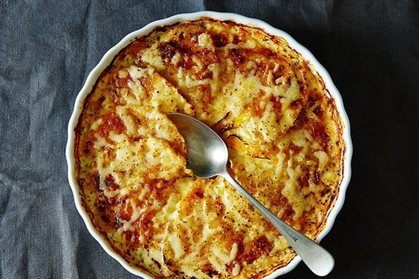 Autumn root vegetable gratin with herbs and cheese