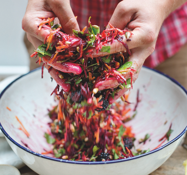 Autumn slaw with greens, beetroot, blackberries, seeds and sprouts