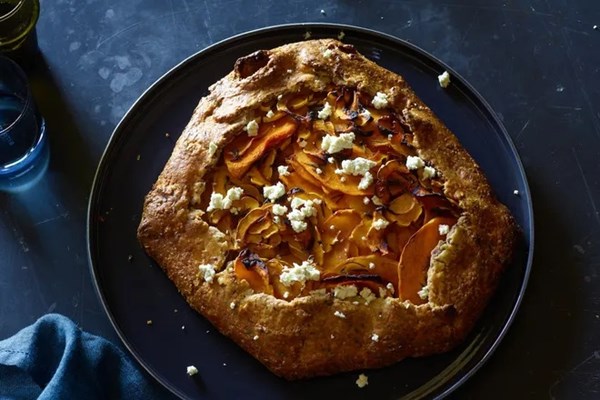 Autumnal squash galette with caramelized shallots and Boursin cheese