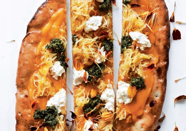 Autumnal squash pizza, butternut squash purée, spaghetti squash, sage-parsley pesto, almond ricotta