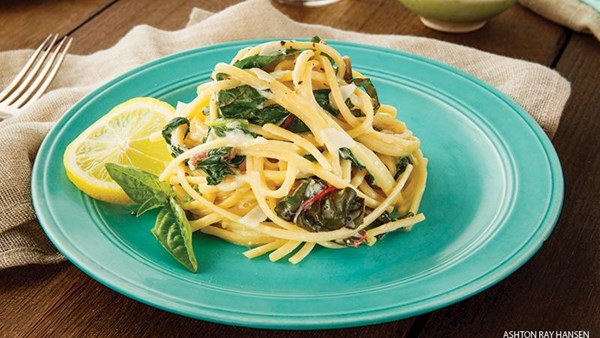 Avgolemono linguine with chard ribbons