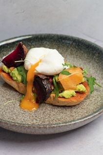 Avocado & golden beetroot with a poached egg