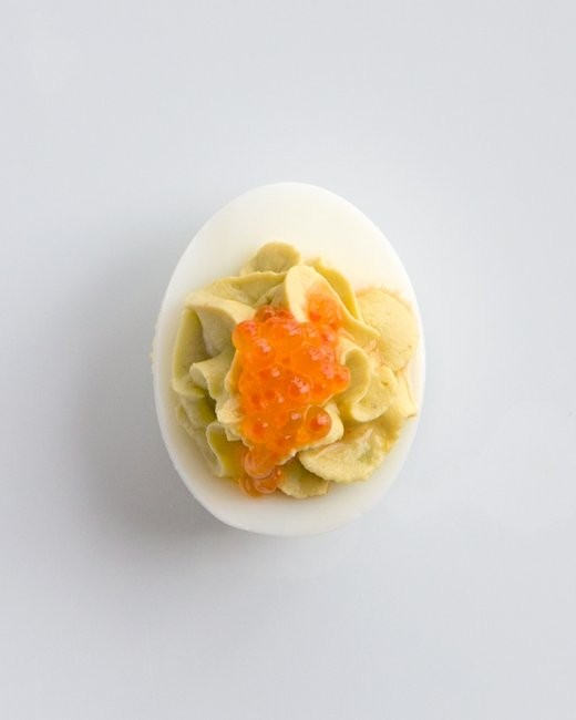 Avocado, anchovy, caviar deviled eggs