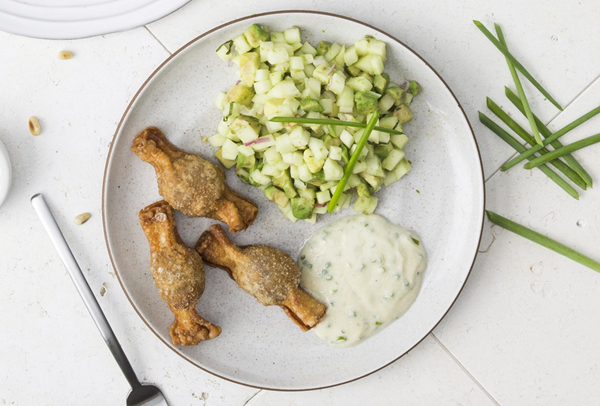 Avocado and apple "tartare" with fried walnut dumplings and chive cream