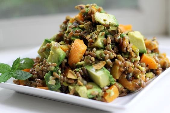 Avocado and apricot rye berry salad