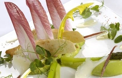 Avocado and asparagus salad, Bellota ham, lemon oil dressing