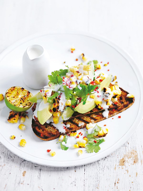 Avocado and char-grilled corn on rye toast