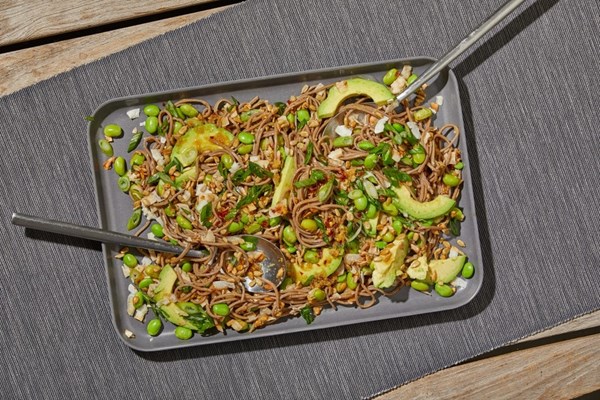 Avocado and coconut noodles with edamame