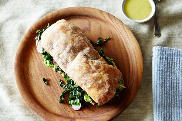 Avocado and marinated kale salad sandwich (with lemon-basil aioli)