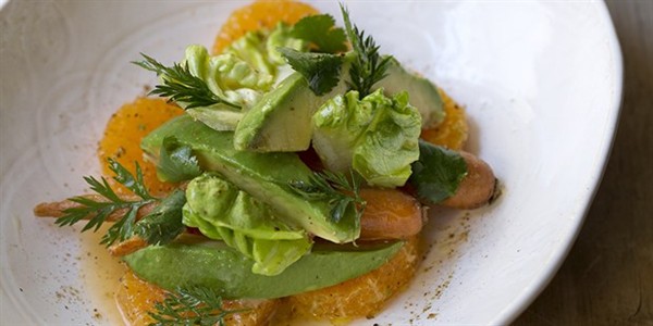 Avocado, baby gem, orange and sautéed baby carrot salad