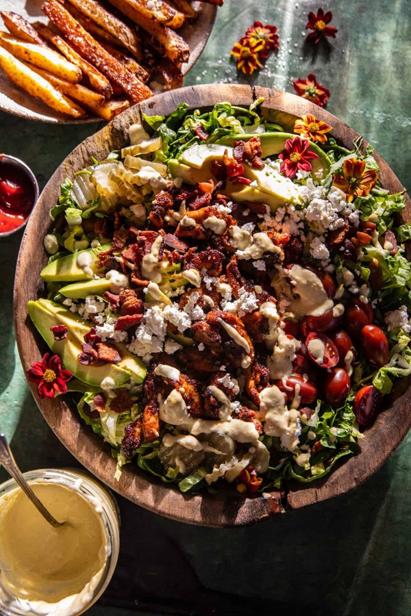 Avocado bacon chicken salad with jalapeño honey mustard