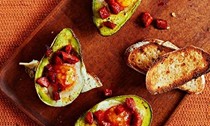 Avocado baked with an egg and chorizo