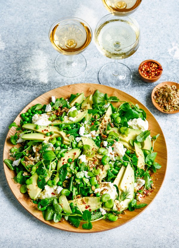 Avocado, broad bean and goat's cheese salad