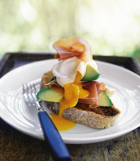 Avocado bruschetta with Parma ham and poached egg