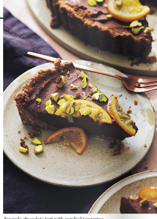 Avocado chocolate tart with candied tangerine