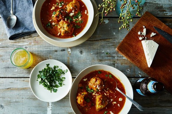 Avocado dumplings in curry tomato broth