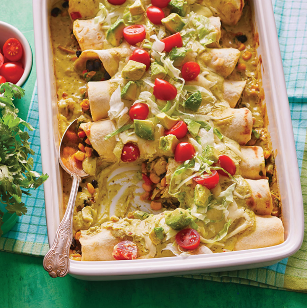 Avocado enchiladas with corn & black beans