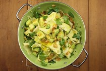 Avocado, ginger and roasted almonds with pasta and fresh coriander