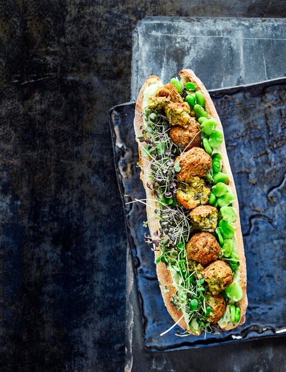 Avocado hummus, falafel and broad bean baguettes