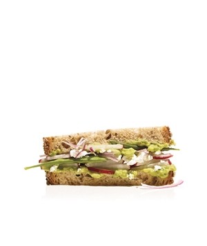 Avocado, radish, and snow pea sandwich