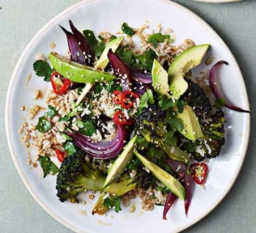 Avocado, roasted broccoli & sesame rice salad
