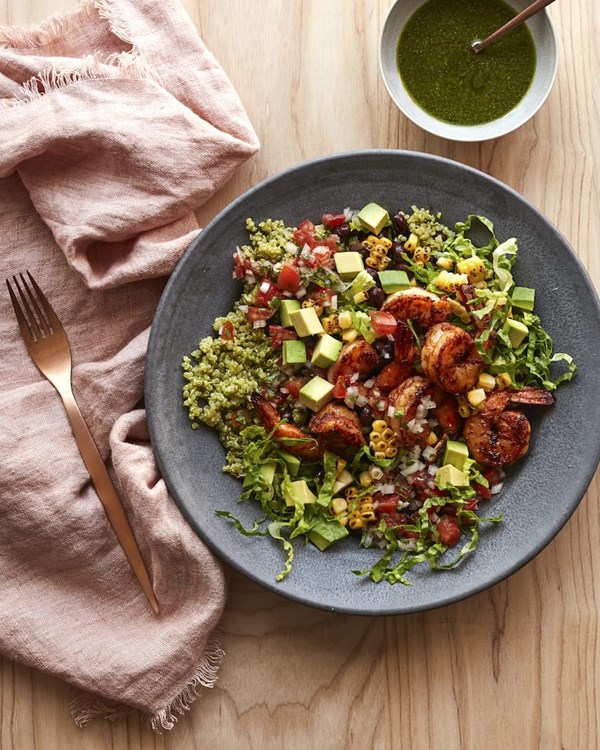 Avocado shrimp quinoa bowl with cilantro vinaigrette [pico de gallo]