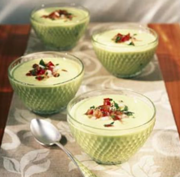 Avocado soup with shrimp & salsa