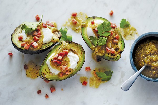 Avocado toad-in-a-hole with baked ham and salsa verde