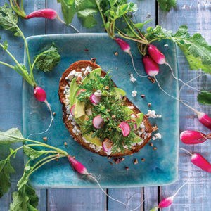 Avocado toast with baby kale, blue cheese, pecans, quick-pickled radishes, and honey